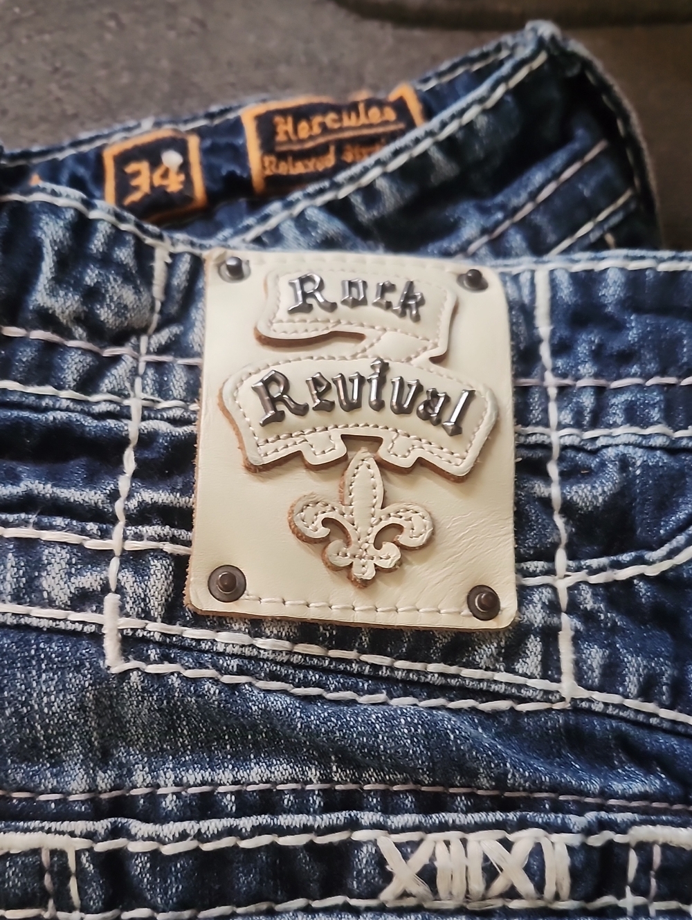 Rock Revival Men’s Blue Denim Jeans with White Stitching